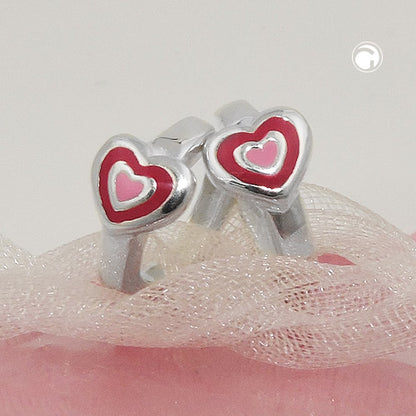 Hoop earrings 12x2mm with hinged heart, two-tone pink lacquered, silver 925