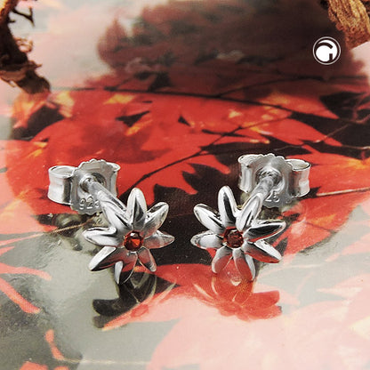 Stud earrings 6mm flower shiny with zirconia red-orange silver 925