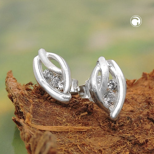 Ohrstecker Ohrring „9×5 mm Blatt matt-glänzend mit Zirkonias“ Silber 925 – elegant & naturinspiriert
