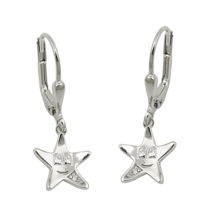 Ear leverback earrings 25x9mm star with face zirconia white rhodium-plated silver 925