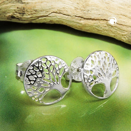 Stud earrings 10mm tree of life filigree shiny silver 925