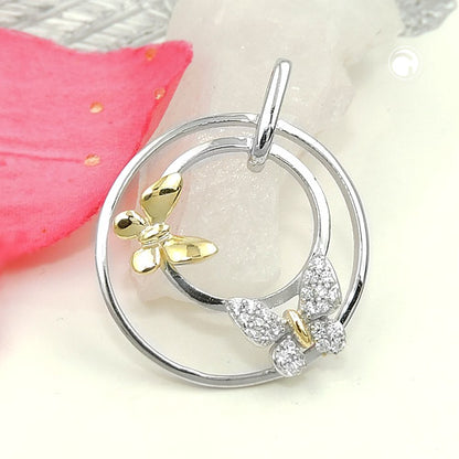 Pendant 24mm with 2 butterflies bicolor and with zirconias silver 925