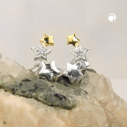 Stud earrings 11x5mm star trio with zirconia bicolor silver 925