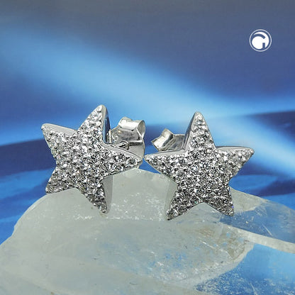 Stud earrings 10x10mm star zirconia white rhodium-plated silver 925