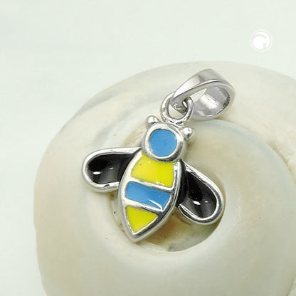Pendant 10x11mm bee blue-yellow-black enamelled silver 925