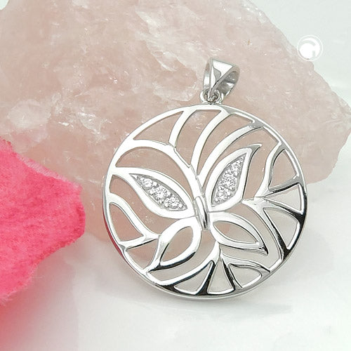 Pendant 23mm butterfly with zirconias shiny rhodium-plated silver 925