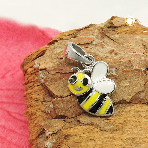 Pendant 9x11mm bee yellow-black-white enamelled silver 925