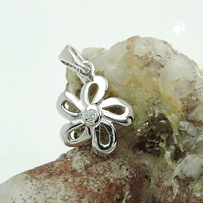 Pendant 10mm flower with zirconia shiny rhodium-plated silver 925