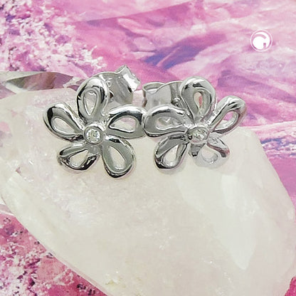 Stud earrings 9mm flower zirconia white shiny rhodium-plated silver 925