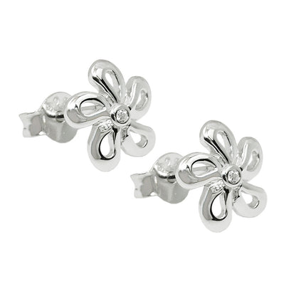 Stud earrings 9mm flower zirconia white shiny rhodium-plated silver 925