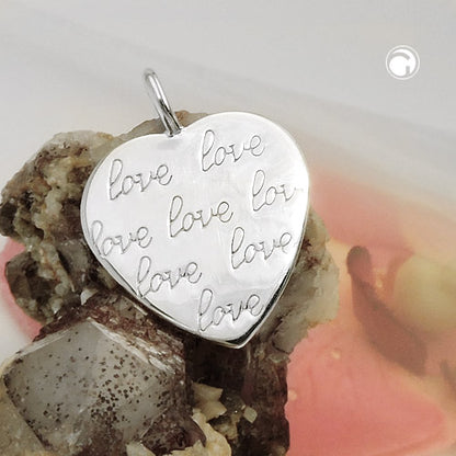 Pendant 19x18mm heart embossed -love- shiny silver 925