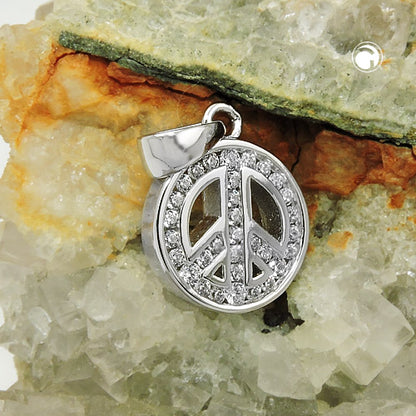 Pendant 14.5x12x3mm peace sign with zirconias rhodium-plated silver 925