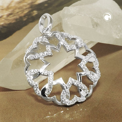Pendant 21mm circle of hearts shiny and with zirconias silver 925