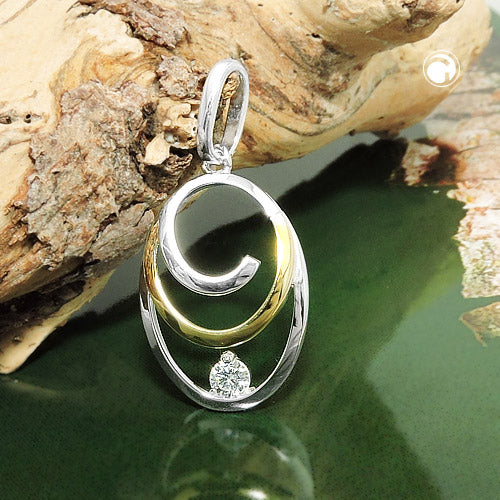 Pendant 19x13mm oval bicolor with zirconia silver 925