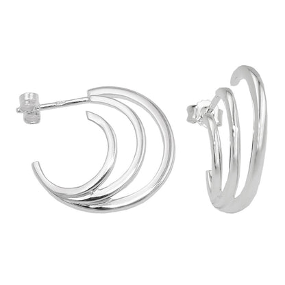 Stud earring 20x4mm creole 3 semicircles shiny silver 925