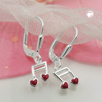 Ear leverback earrings earrings 24x7mm music note double notes with heart red silver 925