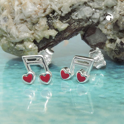 Stud earrings 6x7mm musical note double notes with heart red silver 925