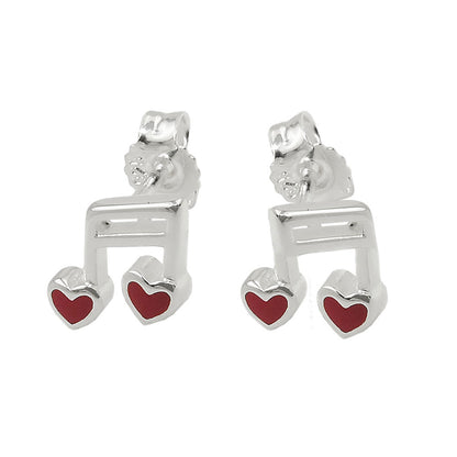 Stud earrings 6x7mm musical note double notes with heart red silver 925