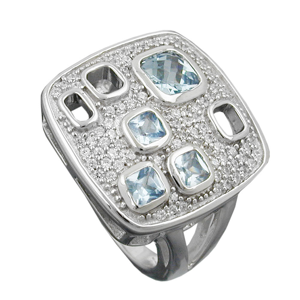 Ring 18mm Viereck Zirkonias aqua weiß glänzend rhodiniert Silber 925
