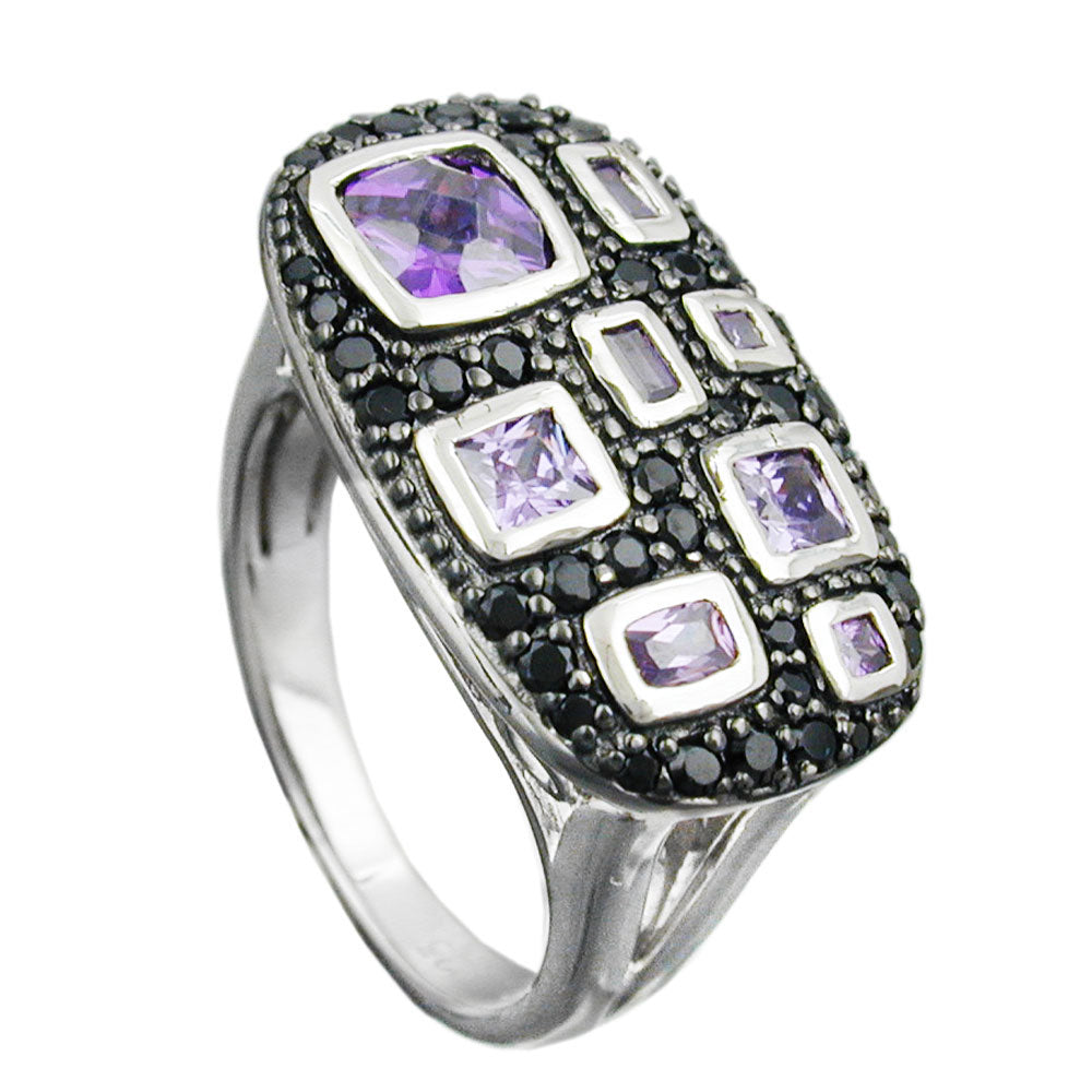 Ring 13x22mm mit Zirkonias lila-schwarz glänzend rhodiniert Silber 925