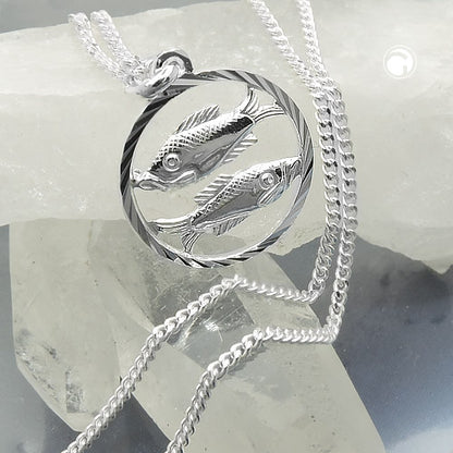 Pendant zodiac sign Pisces with chain 1.4mm flat link silver 925 45cm