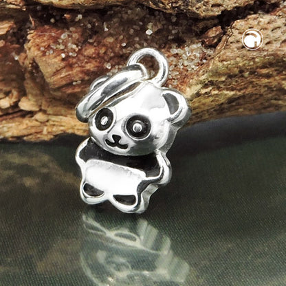 Pendant 9x7mm small panda bear shiny black lacquered silver 925