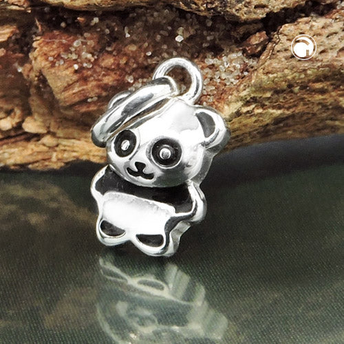 Pendant 9x7mm small panda bear shiny black lacquered silver 925