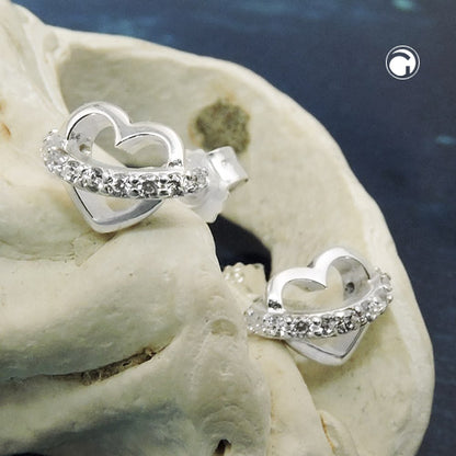 Stud earrings 6x9mm heart with zirconia band silver 925
