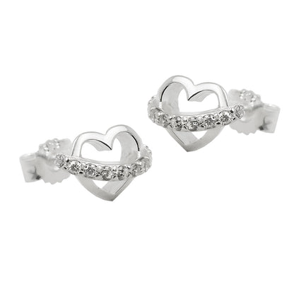 Stud earrings 6x9mm heart with zirconia band silver 925