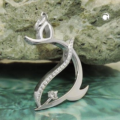 Pendant 26x19mm stylized dolphin with zirconias shiny silver 925