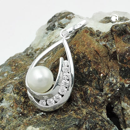 Pendant 25x10mm freshwater cultured pearl with zirconias silver 925