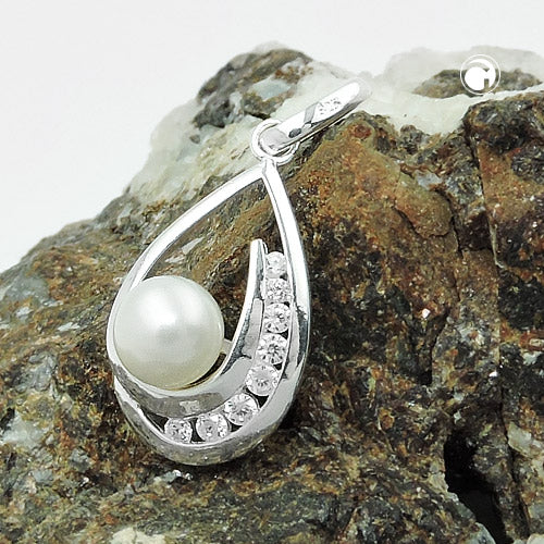 Pendant 25x10mm freshwater cultured pearl with zirconias silver 925