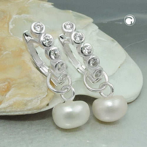 Creolen „24×3 mm Zirkonia & 7 mm Süßwasserzuchtperle“ Silber 925 – elegant & rhodiniert