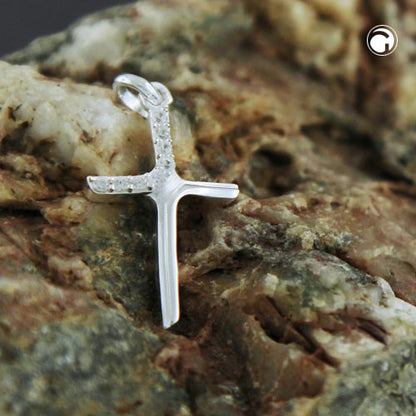 Pendant 20x6mm cross with zirconias matt-glossy silver 925