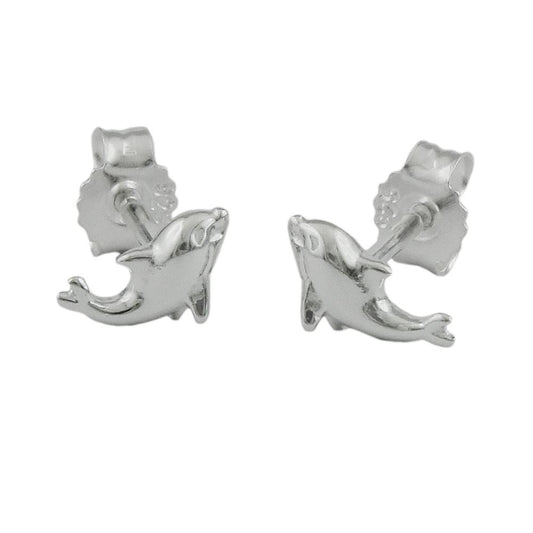 Stud earring 8x4mm small dolphin shiny silver 925