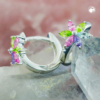 Hoop earrings 13x1.7mm hinged flower colored zirconias shiny silver 925