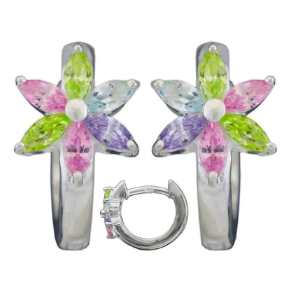 Hoop earrings 13x1.7mm hinged flower colored zirconias shiny silver 925
