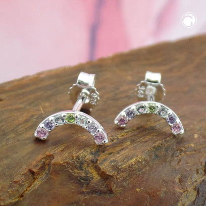 Stud earring 9x4mm semicircle with colored zirconias silver 925