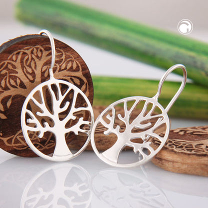 Ear hook earring 28x18mm tree of life circular shiny silver 925