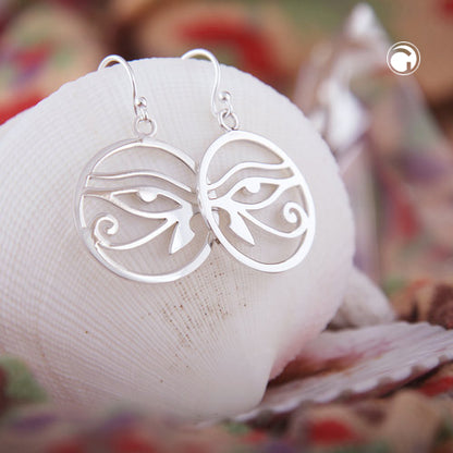 Ear hook earring 34x20mm Horus eye circular shiny silver 925