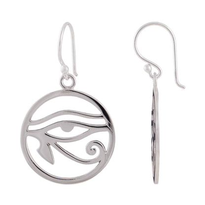 Ear hook earring 34x20mm Horus eye circular shiny silver 925