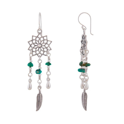 Ear hook earring 62x16mm mandala with feathers and small turquoise stones silver 925