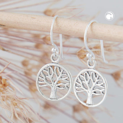 Ear hook earring 24x11mm tree of life circular shiny silver 925