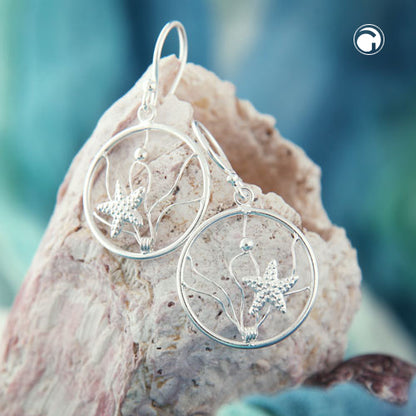 Ear hook earring 32x18mm ring with filigree mesh starfish and ball silver 925