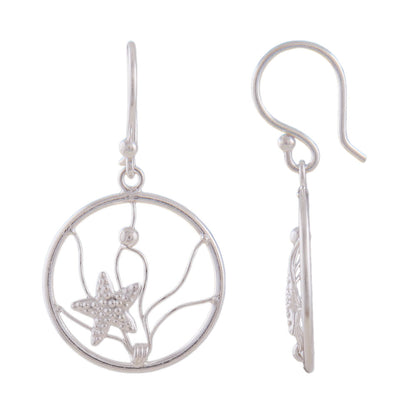 Ear hook earring 32x18mm ring with filigree mesh starfish and ball silver 925