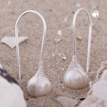 Ear hook earring 28x8mm fixed braided freshwater cultured pearl silver 925
