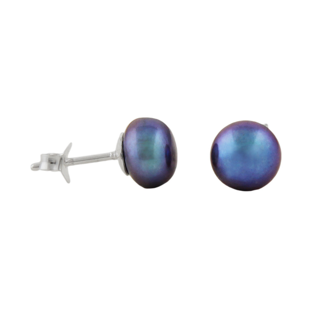 Stud earrings approx. 8x6mm freshwater cultured pearl dark green flat silver 925
