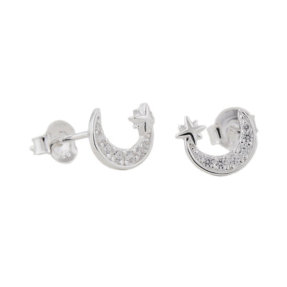 Stud earring 8x7.5mm half moon with zirconias and star silver 925