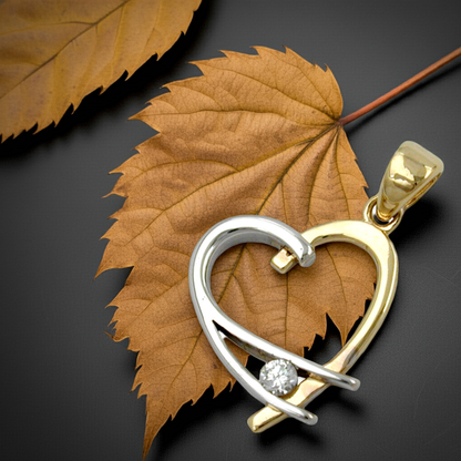 Pendant 14x13mm heart open bicolor with zirconia 9Kt GOLD