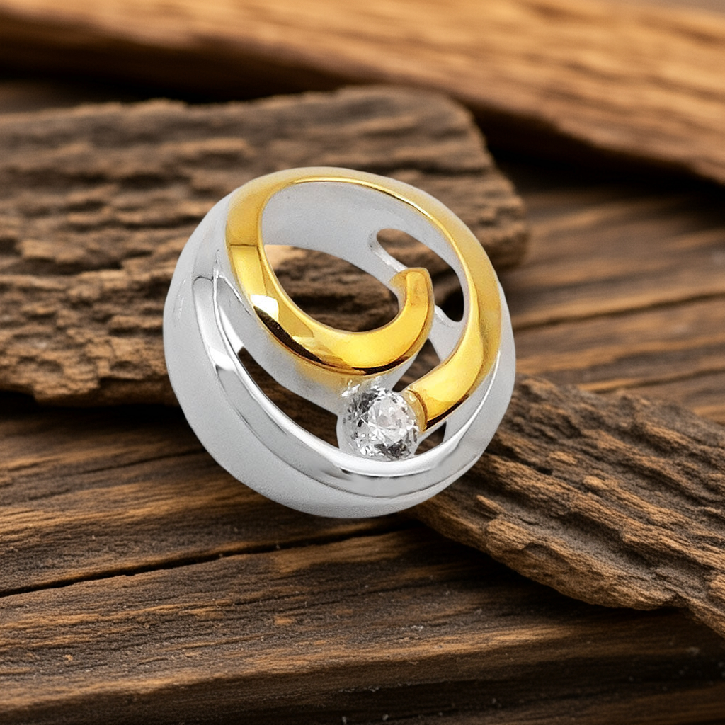 Pendant 11.5mm circle with spiral bicolor and zirconia silver 925